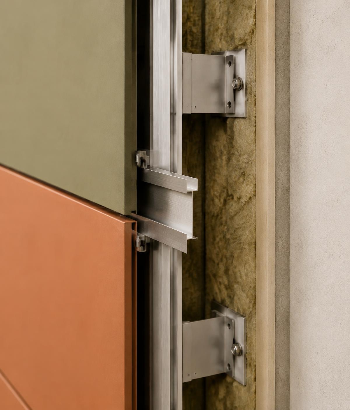 Rainscreen cladding, substructure and insulation in section