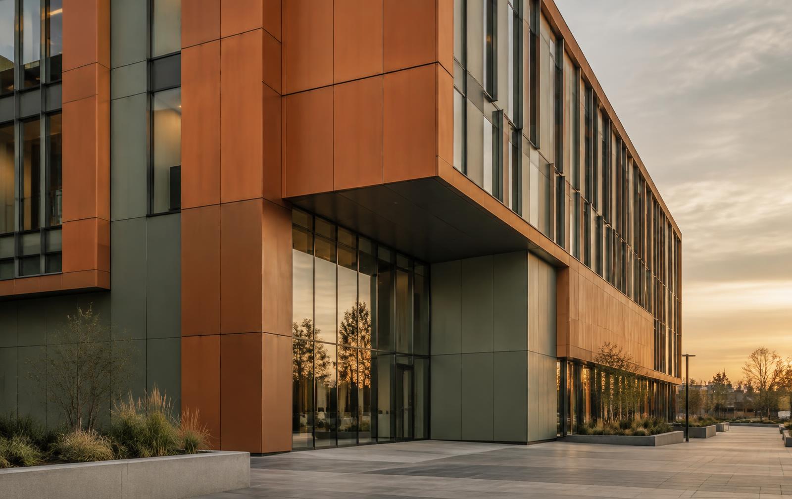 Contemporary façade with terracotta cladding and curtain walling